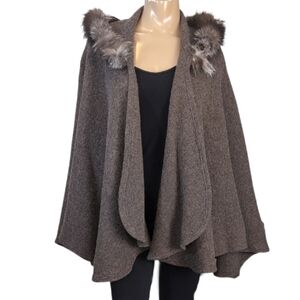 Vintage Italian Lined Hooded Cape Womens One Size Fur Trim Brown Mohair Wool
